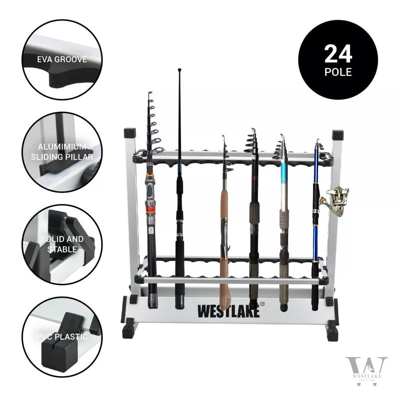 24 Rod Fishing Pole Holder Aluminum Alloy Stand Rack Storage Portable Tool US