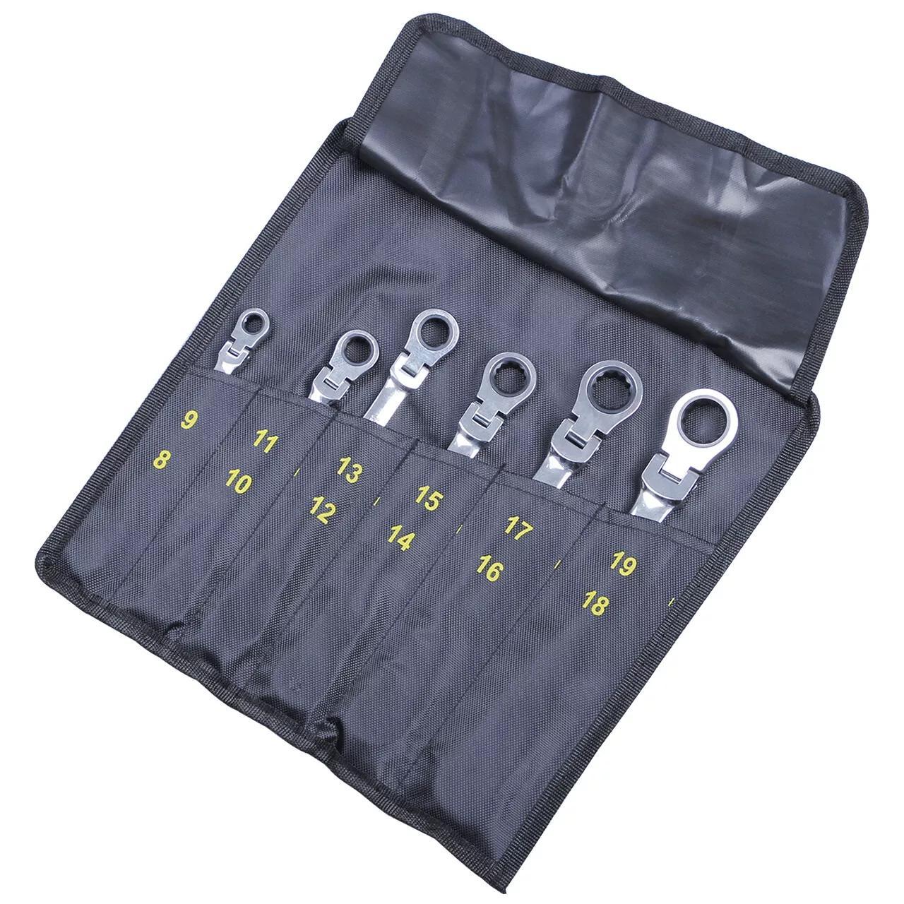 6Pc Double Box End Ratcheting Wrench Set - Flex Head, Extra Long & Heavy Duty Spanner