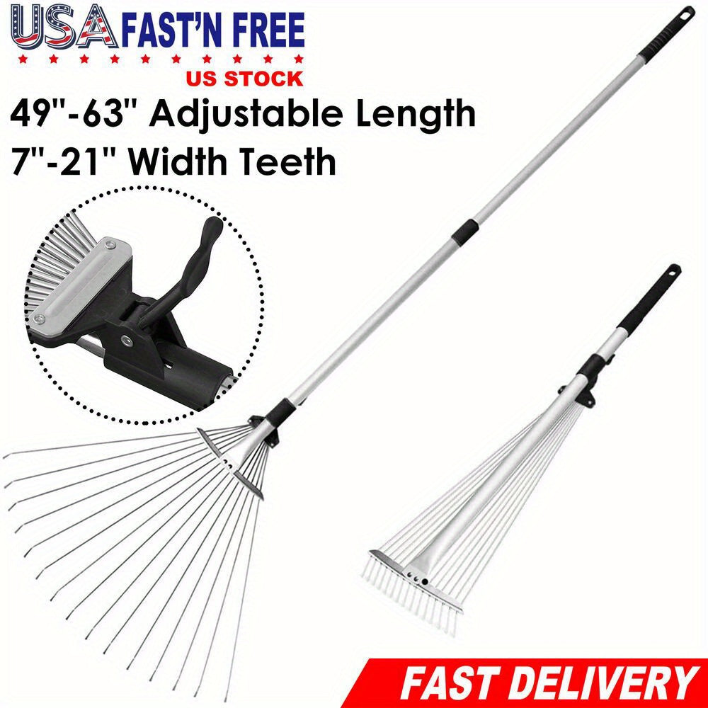 63 Inch Expandable Garden Leaf Rake Adjustable Stainless Steel Lawn Cleaning Tool
