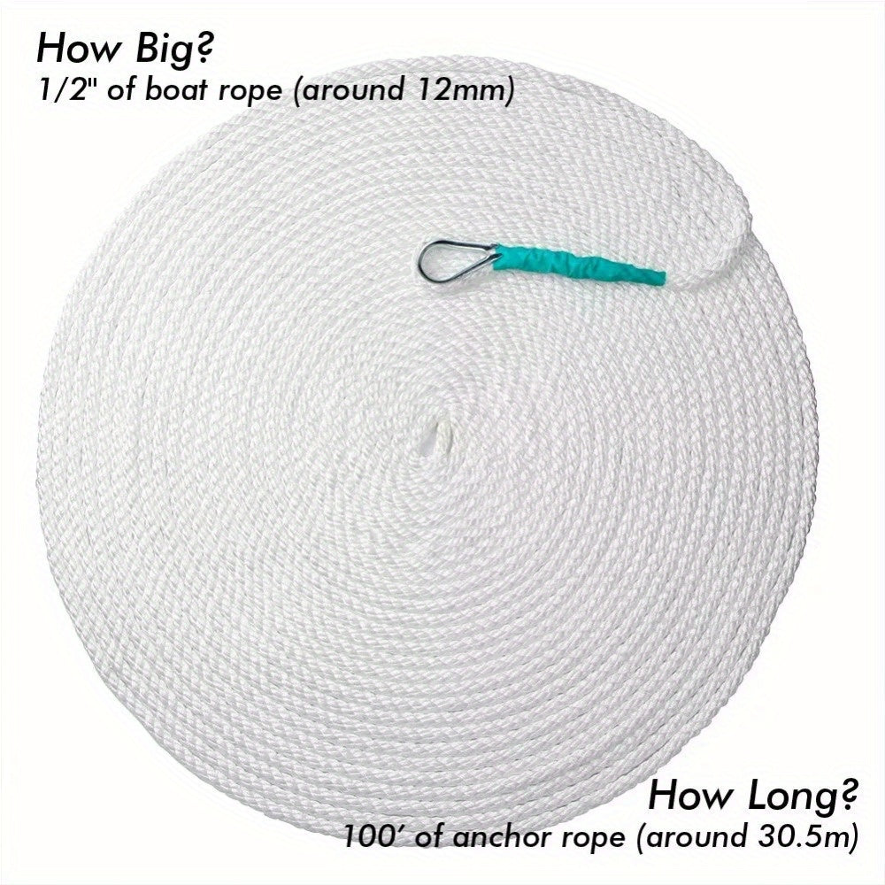 1/2" x 100' 3-Strand Nylon Anchor Rope w/ Thimble - 6250LB Boat Rigging Line