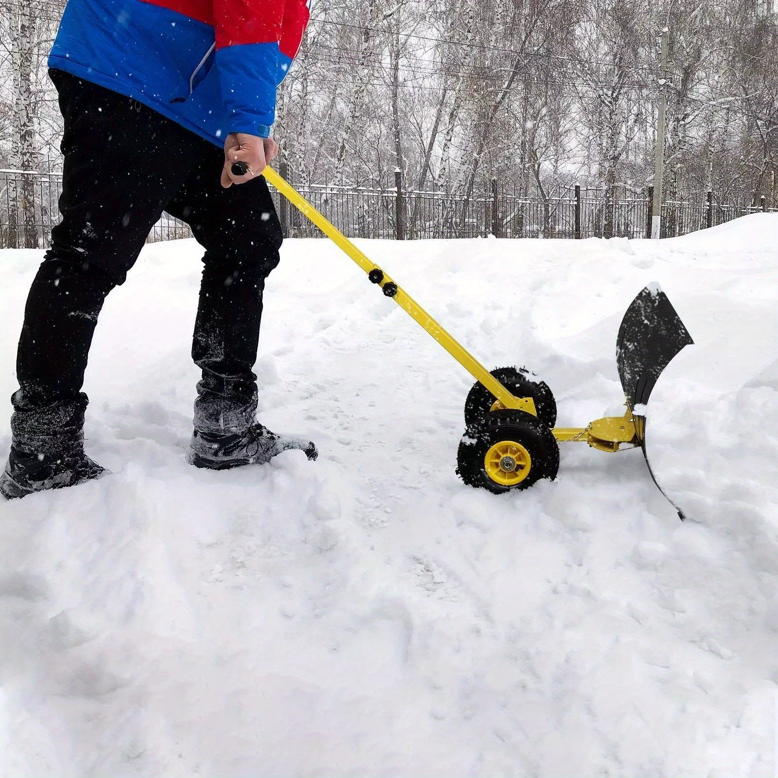Heavy-Duty Snow Shovel with Wheels – Adjustable Rolling Snow Pusher with Inflatable Wheels & Ergonomic Handle