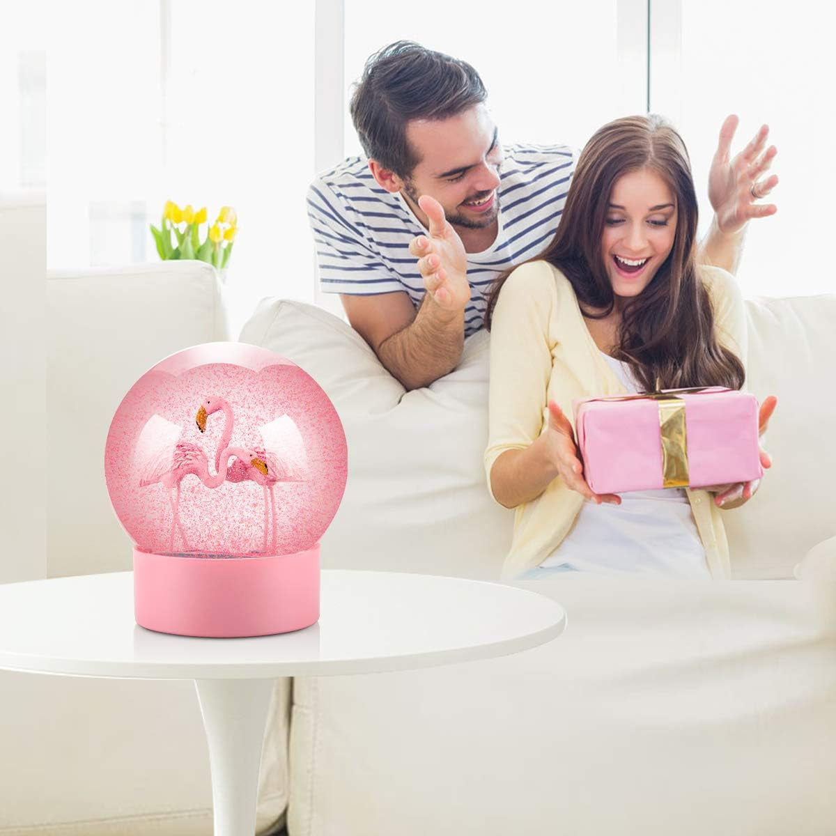 Snow Globe, Pink Flamingo Snow Globe Glitter Snow Globe for Kids, Christmas Snow Globe 100M Birthday Gift