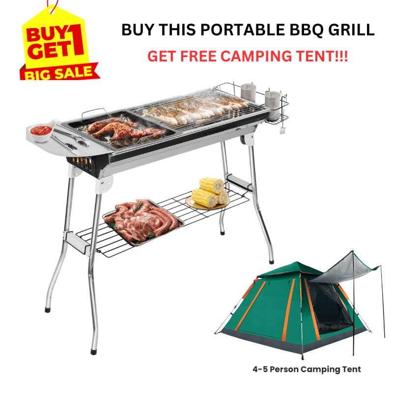 Special Offer: Foldable BBQ Grill Portable Charcoal Barbecue with Free 4-5 Person Camping Tent Waterproof & Foldable