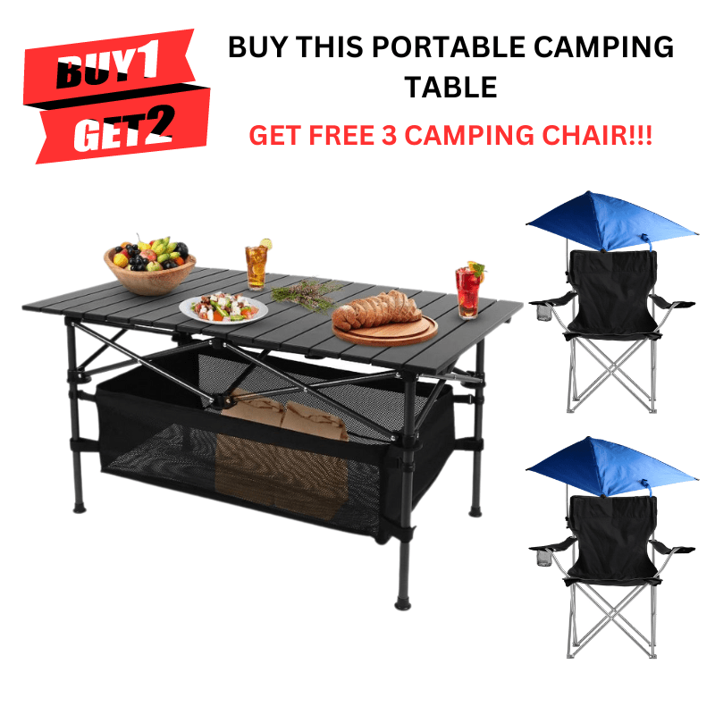 Bundle Deal: Portable Aluminum Camping Table + 2 Free Camping Chairs - Ideal for Picnic, BBQ, & Hiking
