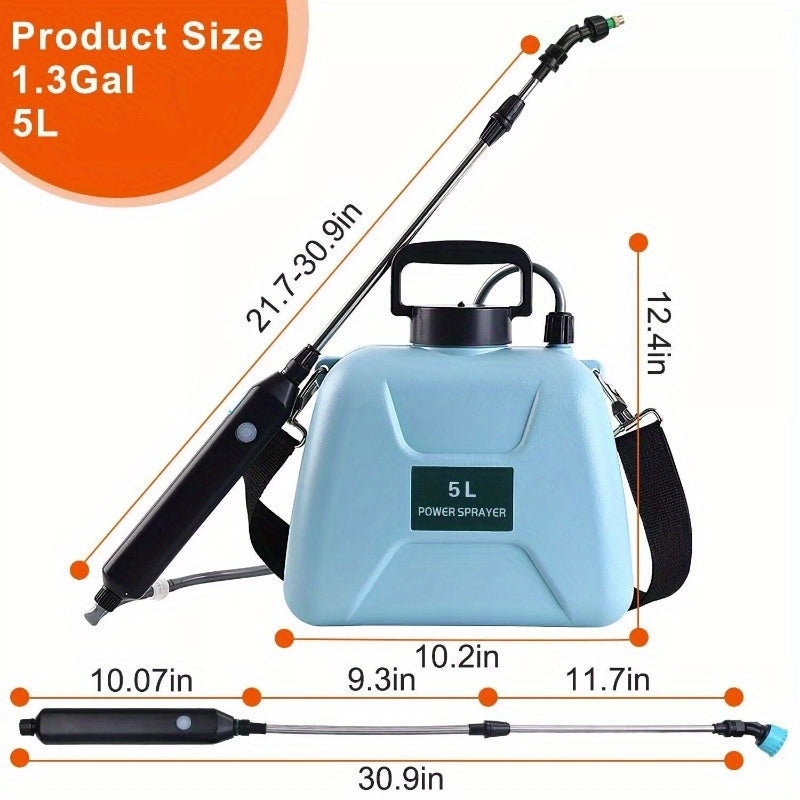5L/1.3Gallon Electric Plant Sprayer Telescopic Rechargeable Garden Sprayer Automatic Handheld Sprayer with 3 Spray Spouts Shoulder Strap for Cleaning Sterilization
