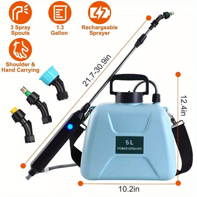 5L/1.3Gallon Electric Plant Sprayer Telescopic Rechargeable Garden Sprayer Automatic Handheld Sprayer with 3 Spray Spouts Shoulder Strap for Cleaning Sterilization