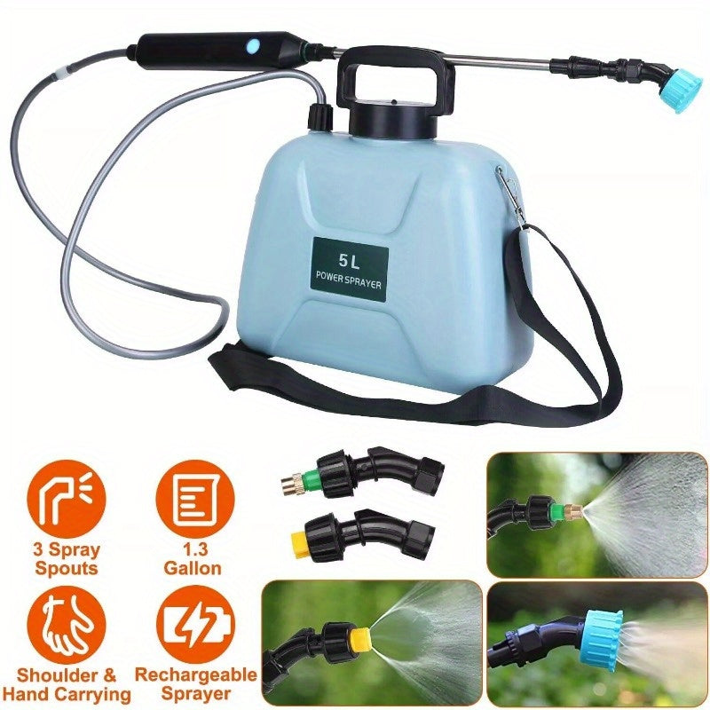 5L/1.3Gallon Electric Plant Sprayer Telescopic Rechargeable Garden Sprayer Automatic Handheld Sprayer with 3 Spray Spouts Shoulder Strap for Cleaning Sterilization