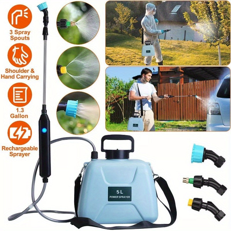 5L/1.3Gallon Electric Plant Sprayer Telescopic Rechargeable Garden Sprayer Automatic Handheld Sprayer with 3 Spray Spouts Shoulder Strap for Cleaning Sterilization