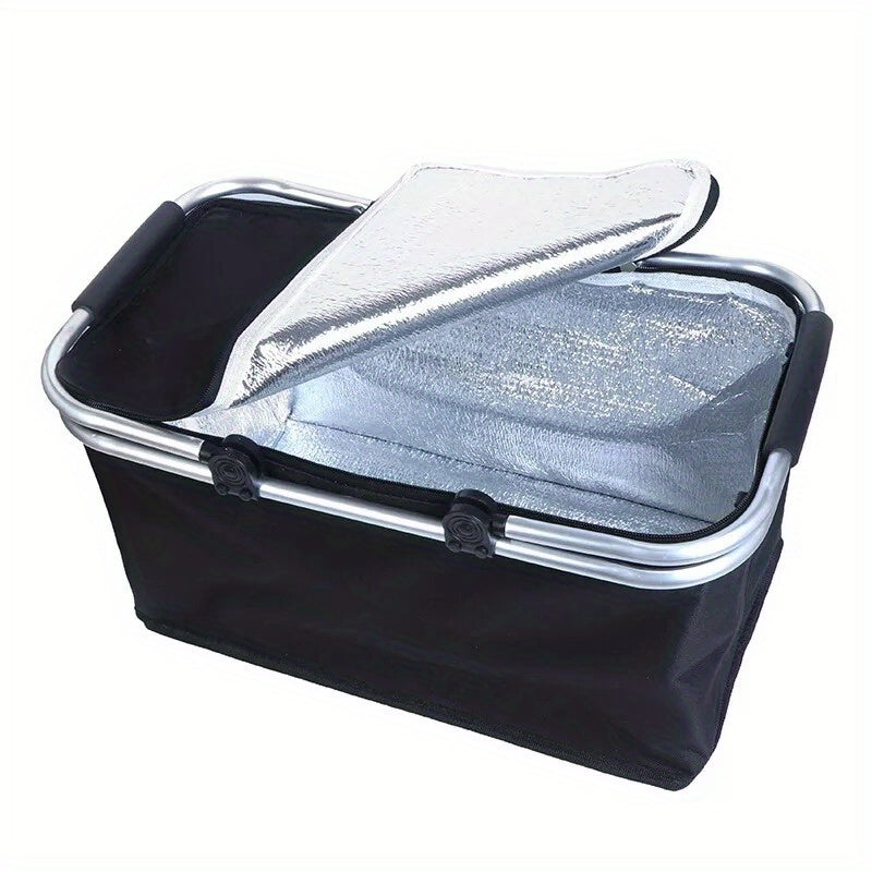 Large capacity insulated basket picnic bag picnic basket foldable shopping bag preservation bag lunch bag, Black
