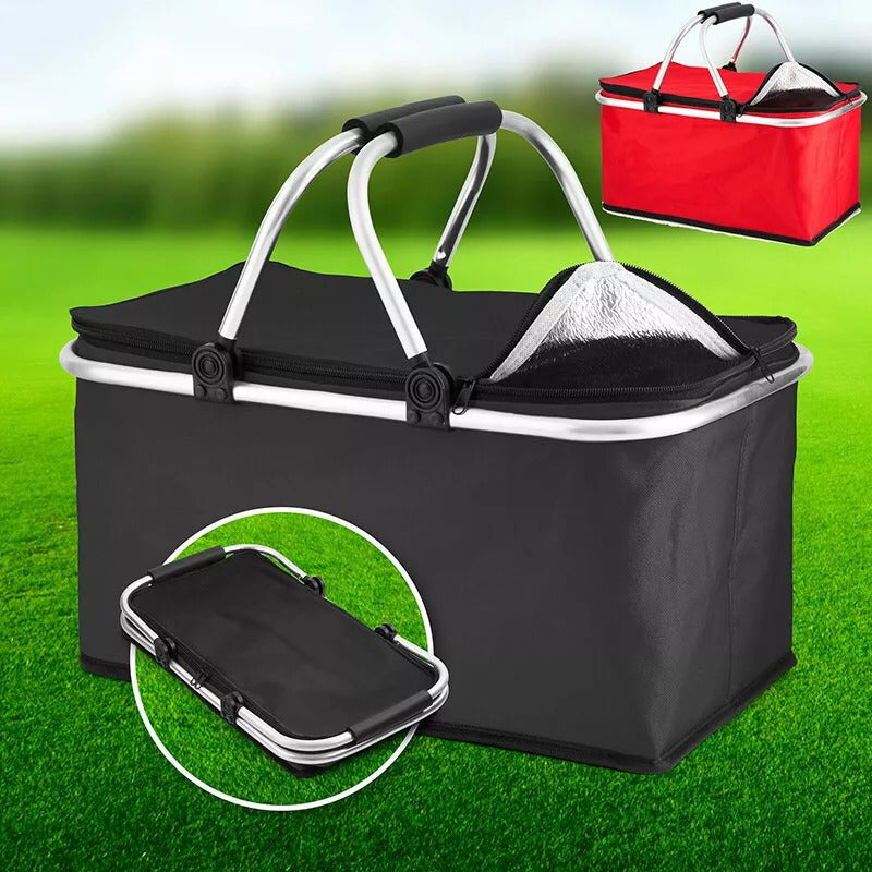 Large capacity insulated basket picnic bag picnic basket foldable shopping bag preservation bag lunch bag, Black