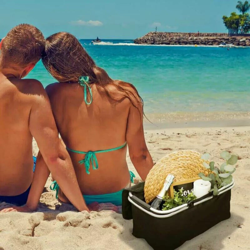 Large capacity insulated basket picnic bag picnic basket foldable shopping bag preservation bag lunch bag, Black