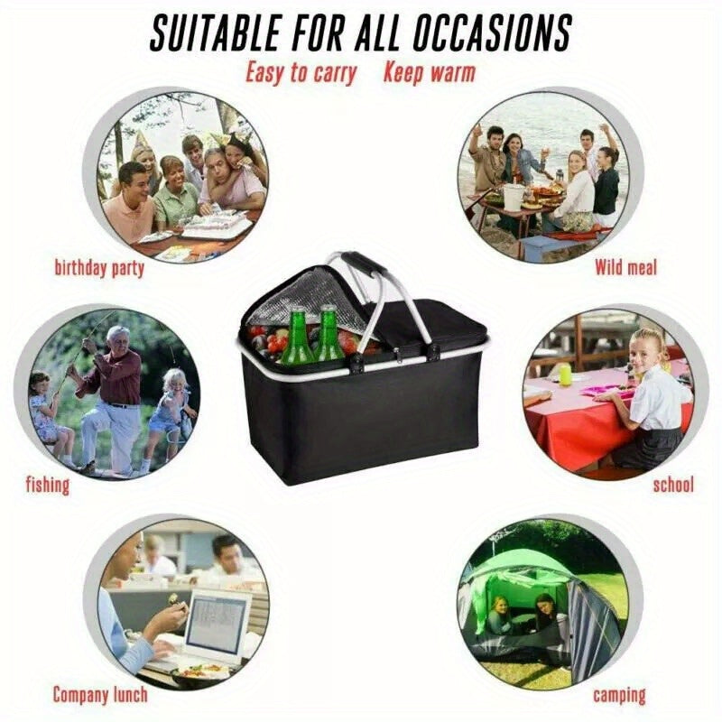 Large capacity insulated basket picnic bag picnic basket foldable shopping bag preservation bag lunch bag, Black