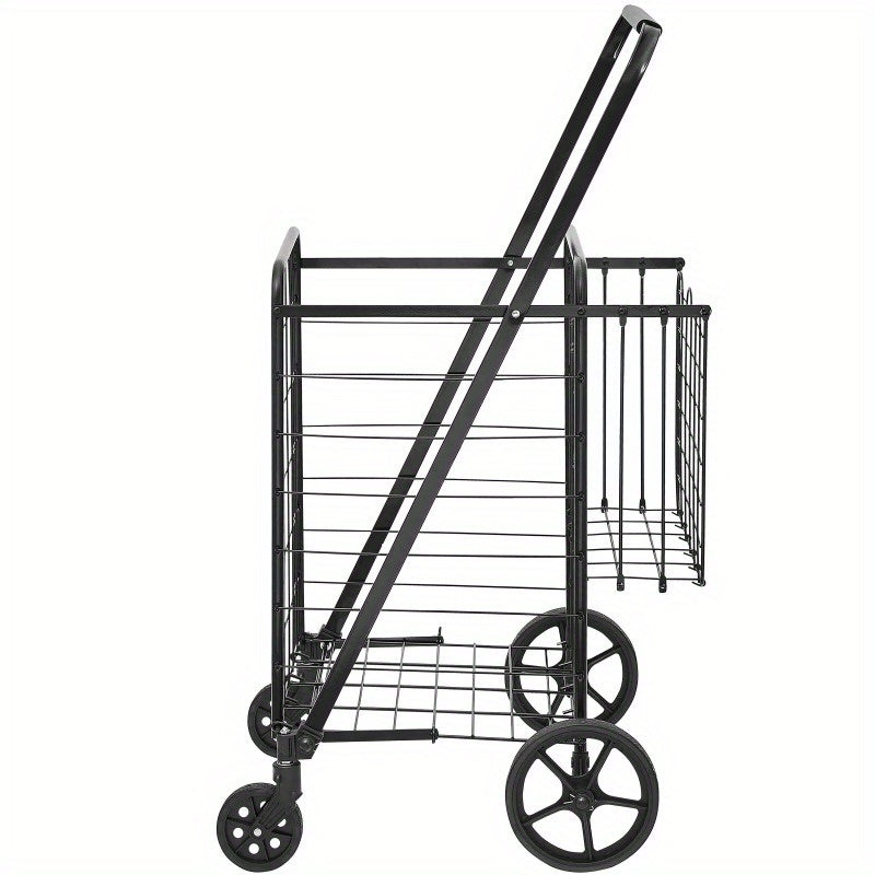 Folding Shopping Cart, Jumbo Grocery Cart with Double Baskets, 360° Swivel Wheels, Heavy Duty Utility Cart, 110 LBS Large Capacity Utility Cart for Laundry, Shopping, Grocery, Luggage