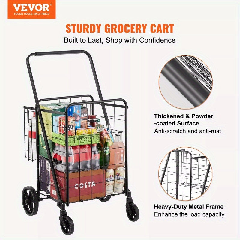 Folding Shopping Cart, Jumbo Grocery Cart with Double Baskets, 360° Swivel Wheels, Heavy Duty Utility Cart, 110 LBS Large Capacity Utility Cart for Laundry, Shopping, Grocery, Luggage