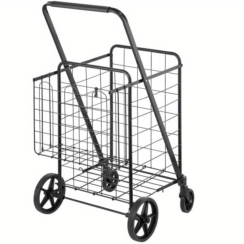 Folding Shopping Cart, Jumbo Grocery Cart with Double Baskets, 360° Swivel Wheels, Heavy Duty Utility Cart, 110 LBS Large Capacity Utility Cart for Laundry, Shopping, Grocery, Luggage