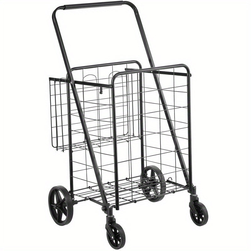 Folding Shopping Cart, Jumbo Grocery Cart with Double Baskets, 360° Swivel Wheels, Heavy Duty Utility Cart, 110 LBS Large Capacity Utility Cart for Laundry, Shopping, Grocery, Luggage