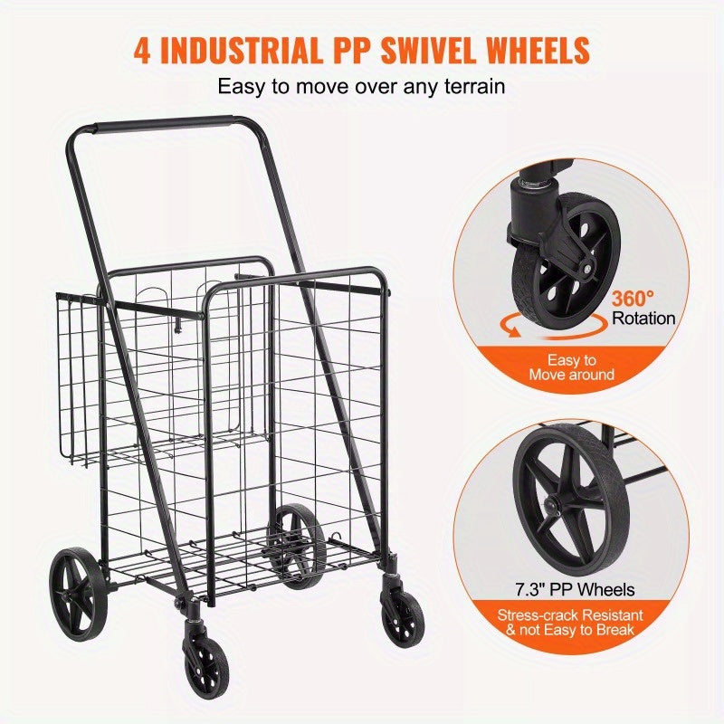 Folding Shopping Cart, Jumbo Grocery Cart with Double Baskets, 360° Swivel Wheels, Heavy Duty Utility Cart, 110 LBS Large Capacity Utility Cart for Laundry, Shopping, Grocery, Luggage
