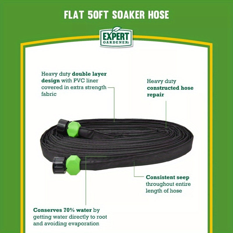 50FT Black Soaker Garden Expandable Water Hose, Durable PVC Flat Design