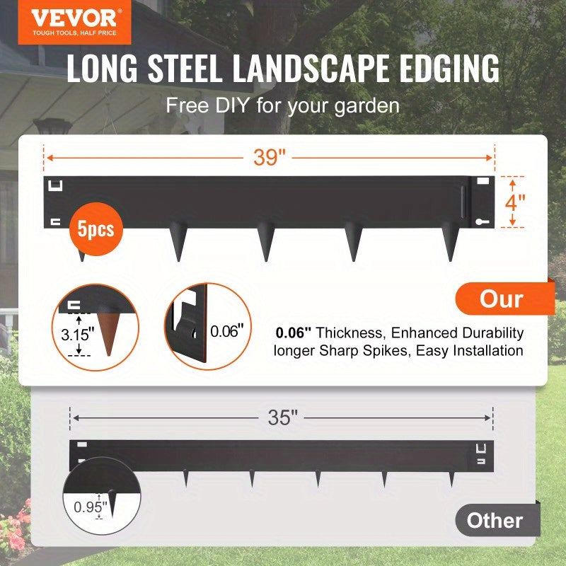Steel Landscape Edging, 5-pack Steel Garden Edging Borders, 39" L x 3" H Strips, Hammer-in Edging Border, Bendable Metal Landscape Edging for Yard, Garden, Lawn, 3.15" Spike Height, Black