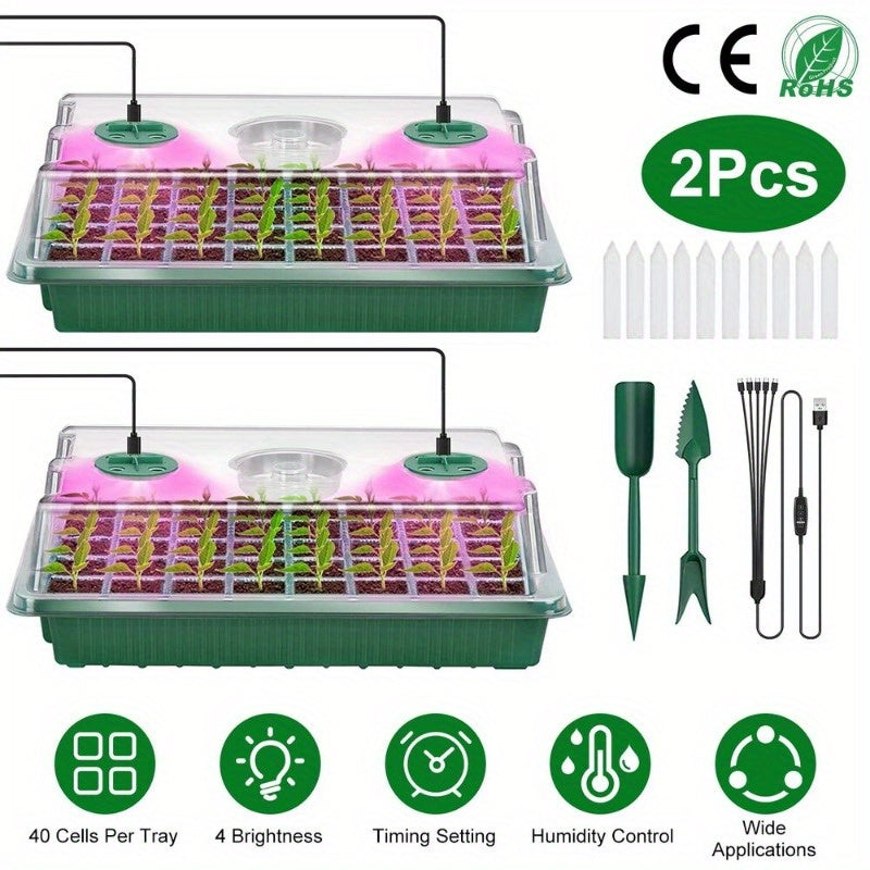 2Pcs 40 Cells Seed Starter Tray Plant Grow Light with 4 Adjustable Brightness Automatic Timing Setting Humidity Dome Plant Germination Garden