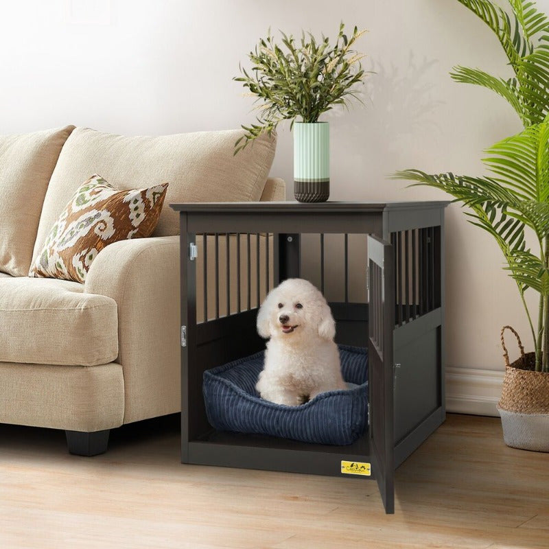 Wood Dog Crate Furniture, End Table Designed Dog Kennel with Side Slats, Brown