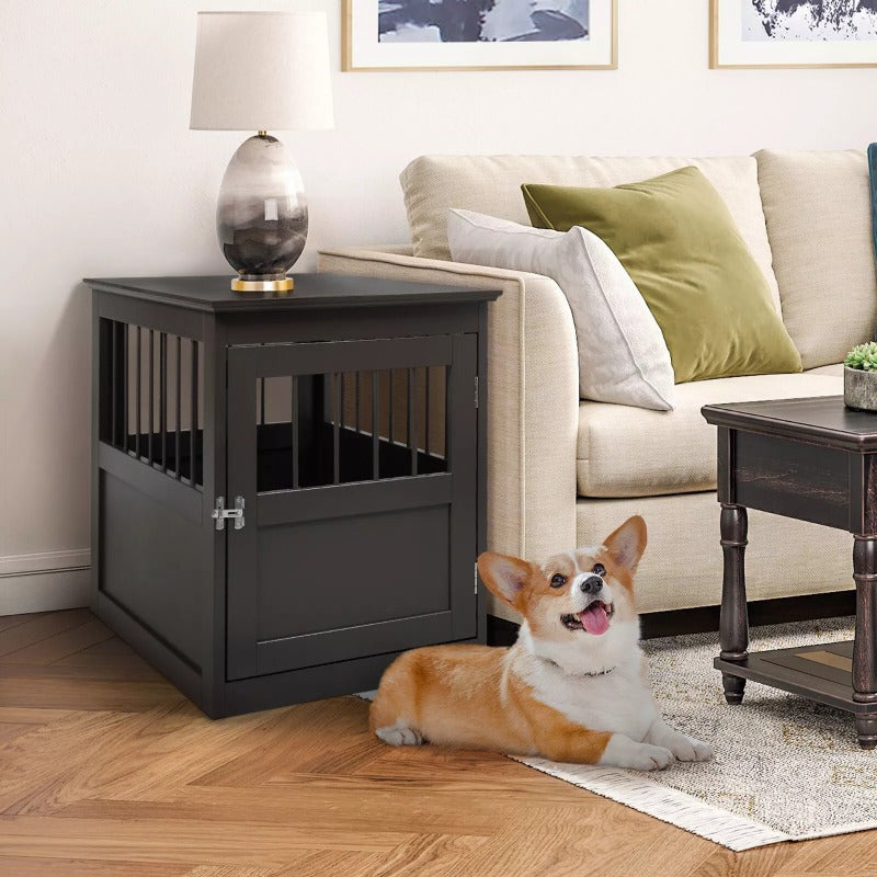 Wood Dog Crate Furniture, End Table Designed Dog Kennel with Side Slats, Brown