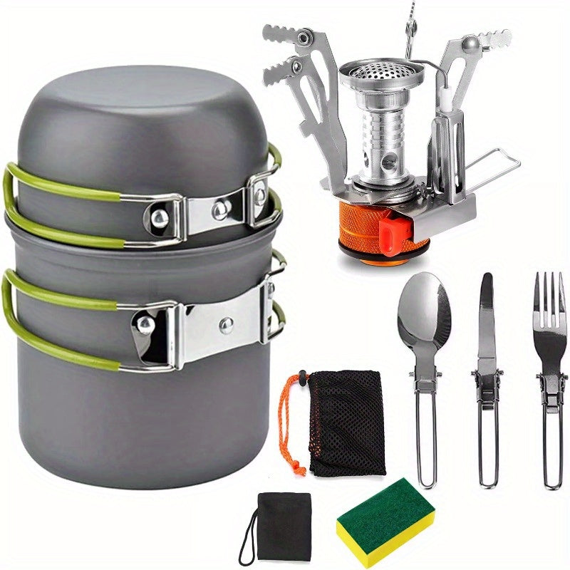 8Pcs Camping Cooking Ware Set Camping Stove Cookware Set Aluminum Pot Foldable Knife Fork Spoon Set for Hiking Picnic Outdoor