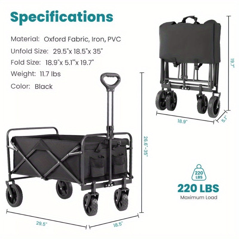 220Lbs Collapsible Beach Cart Folding Wagon Utility Shopping Cart Outdoor Garden Cart Black