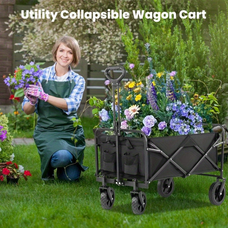 220Lbs Collapsible Beach Cart Folding Wagon Utility Shopping Cart Outdoor Garden Cart Black