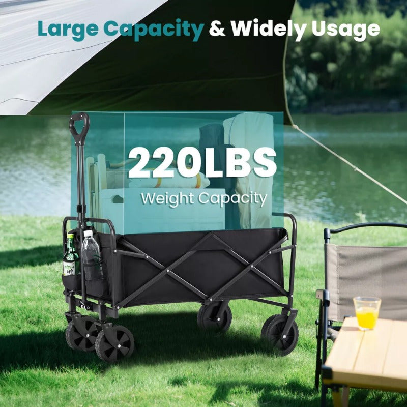 220Lbs Collapsible Beach Cart Folding Wagon Utility Shopping Cart Outdoor Garden Cart Black