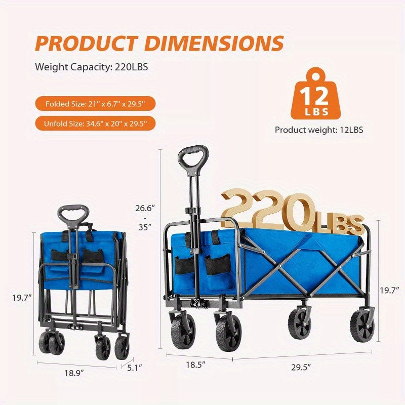 220Lbs Blue Rolling Folding & Rolling Collapsible Garden Cart Outdoor Camping Wagon Utility
