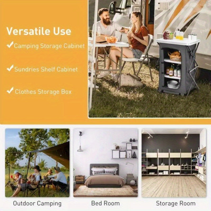 2 Tier Folding Camping Storage Cabinet with 3 Shelves, Carry Bag