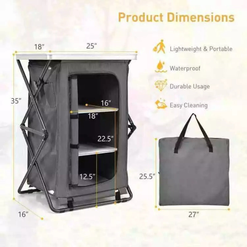 2 Tier Folding Camping Storage Cabinet with 3 Shelves, Carry Bag
