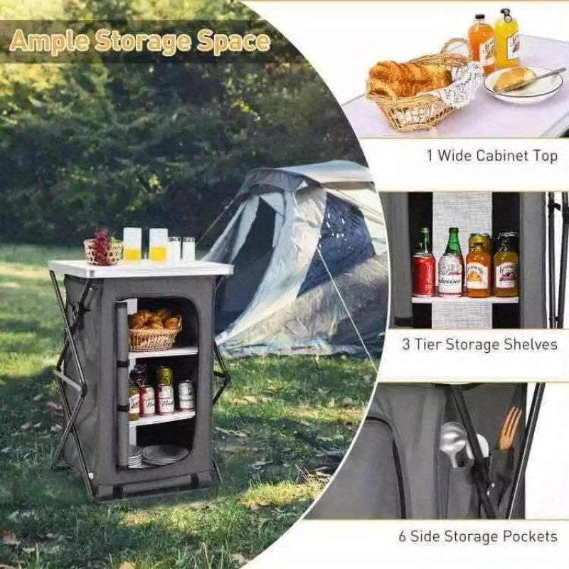 2 Tier Folding Camping Storage Cabinet with 3 Shelves, Carry Bag