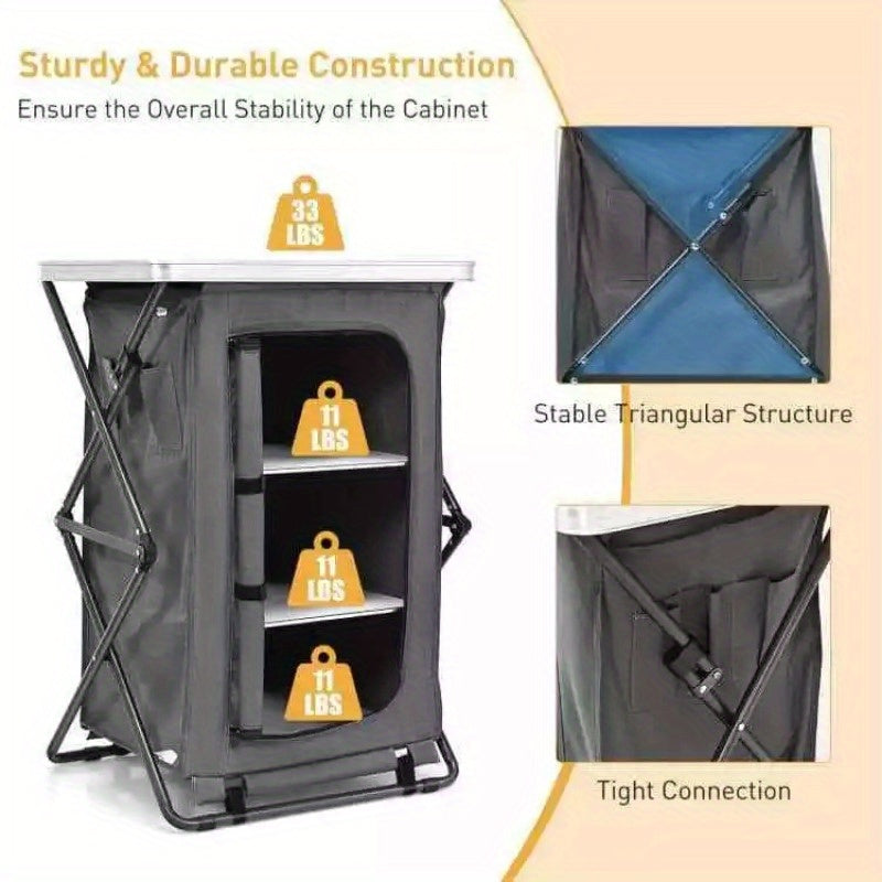 2 Tier Folding Camping Storage Cabinet with 3 Shelves, Carry Bag