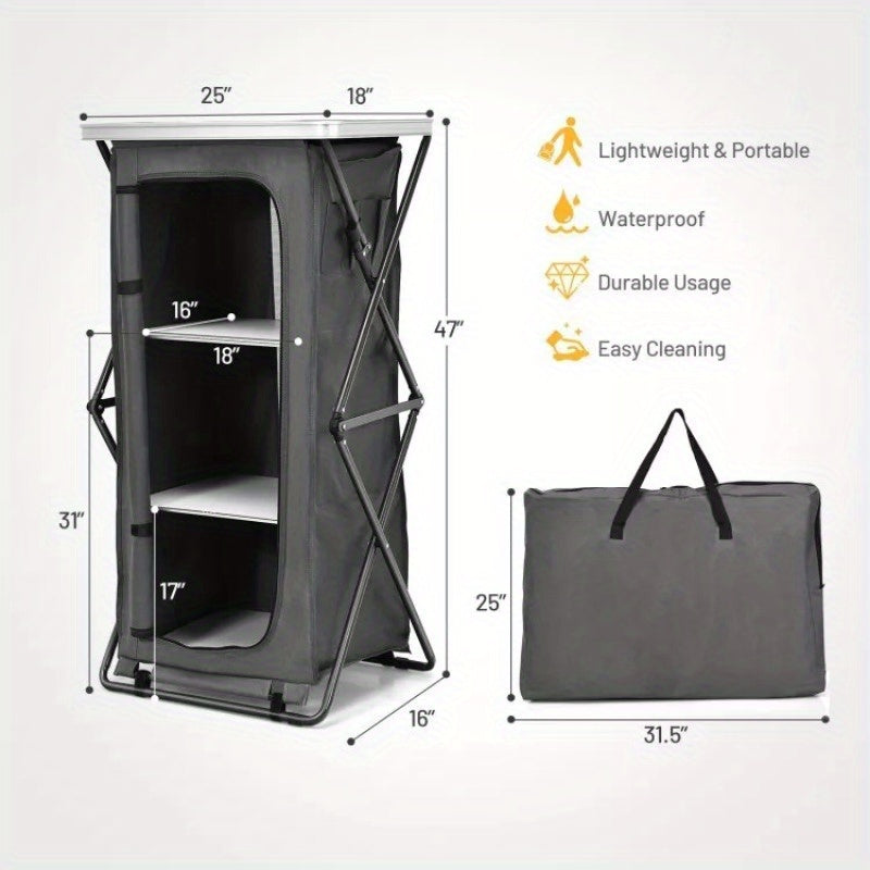 3 Tier Shelves Camping Storage Cabinet Cupboard Folding Portable w/ Carrying Bag