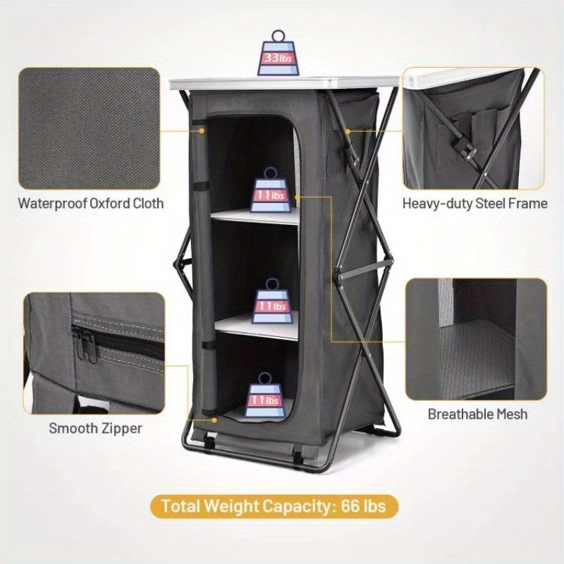 3 Tier Shelves Camping Storage Cabinet Cupboard Folding Portable w/ Carrying Bag