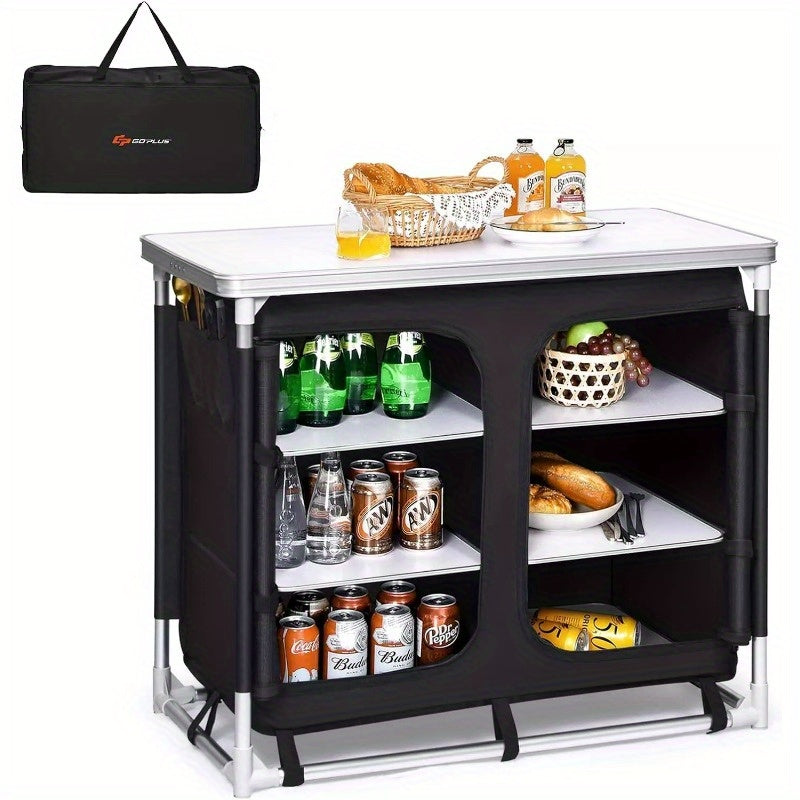 Camping Table with Storage, Aluminum Portable Camp Kitchen Cabinet Table