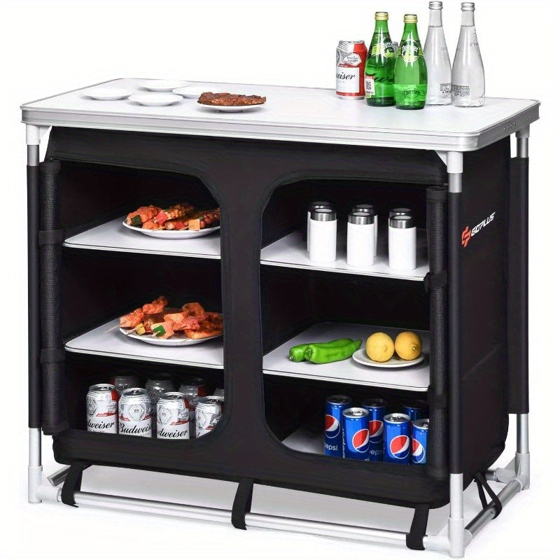 Camping Table with Storage, Aluminum Portable Camp Kitchen Cabinet Table