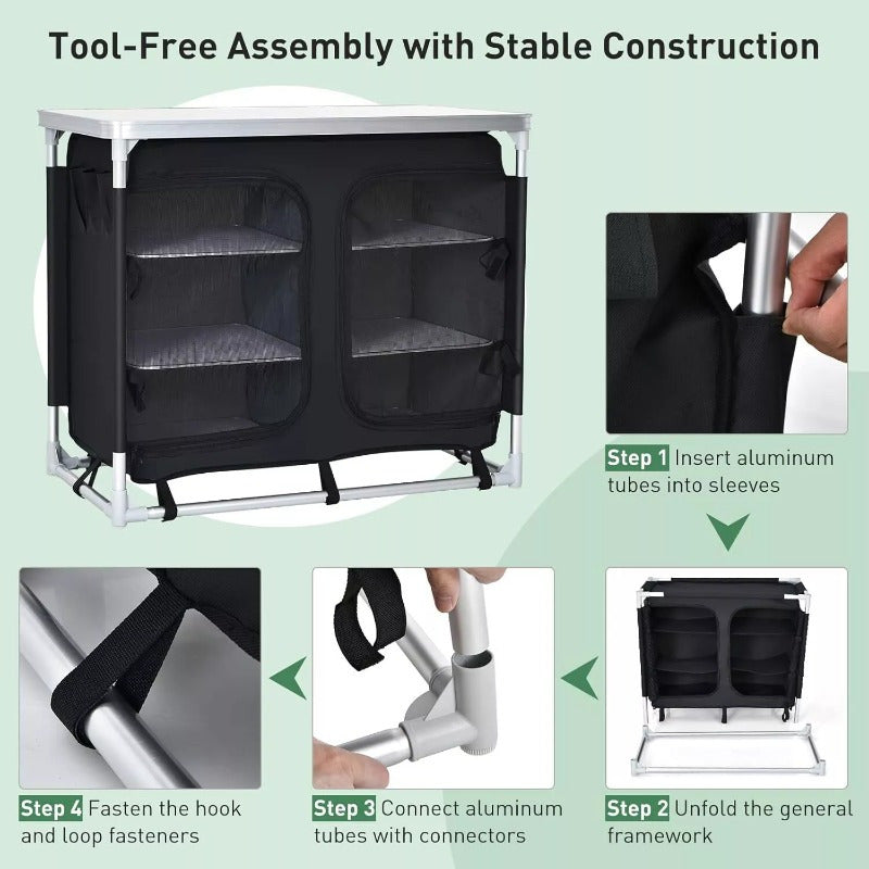 Camping Table with Storage, Aluminum Portable Camp Kitchen Cabinet Table