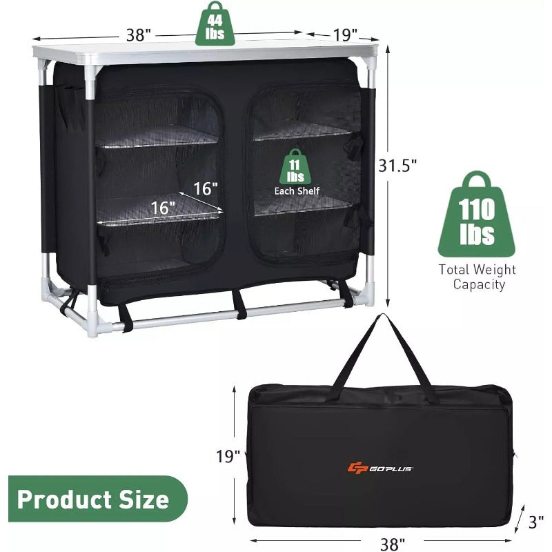 Camping Table with Storage, Aluminum Portable Camp Kitchen Cabinet Table