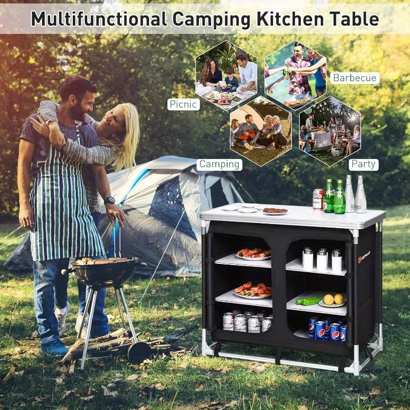 Camping Table with Storage, Aluminum Portable Camp Kitchen Cabinet Table