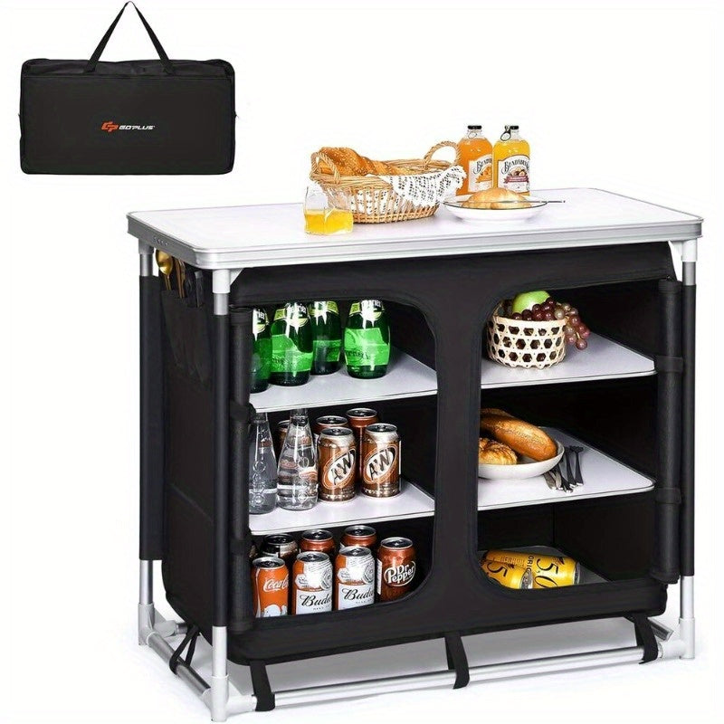 Camping Table with Storage, Aluminum Portable Camp Kitchen Cabinet Table