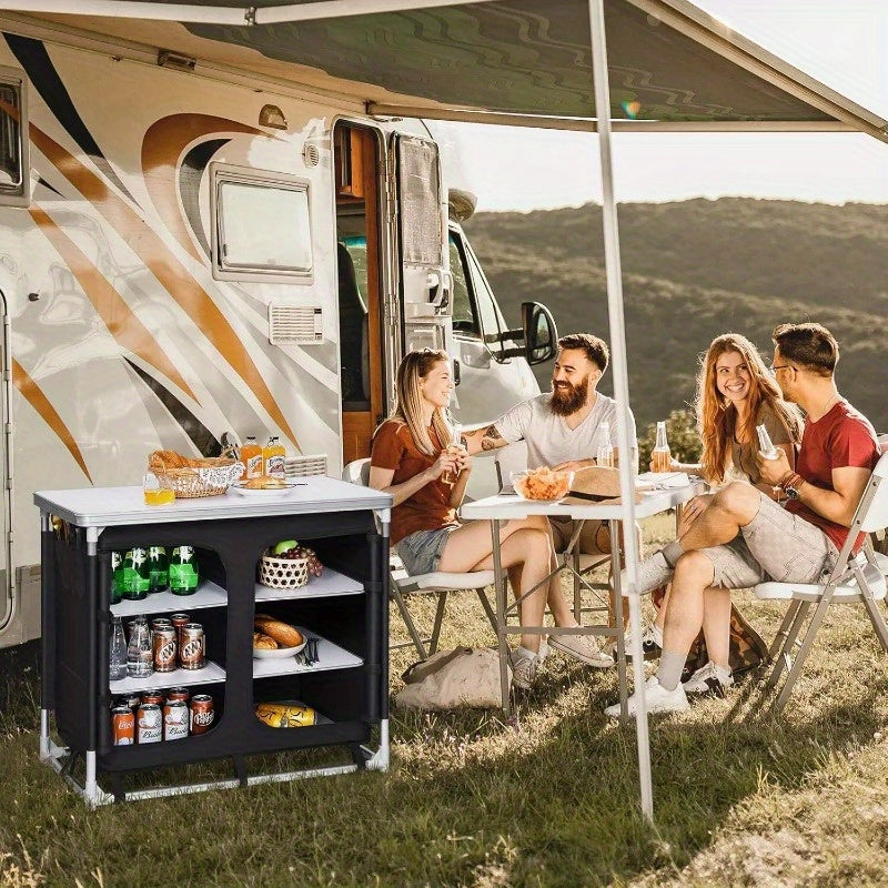 Camping Table with Storage, Aluminum Portable Camp Kitchen Cabinet Table