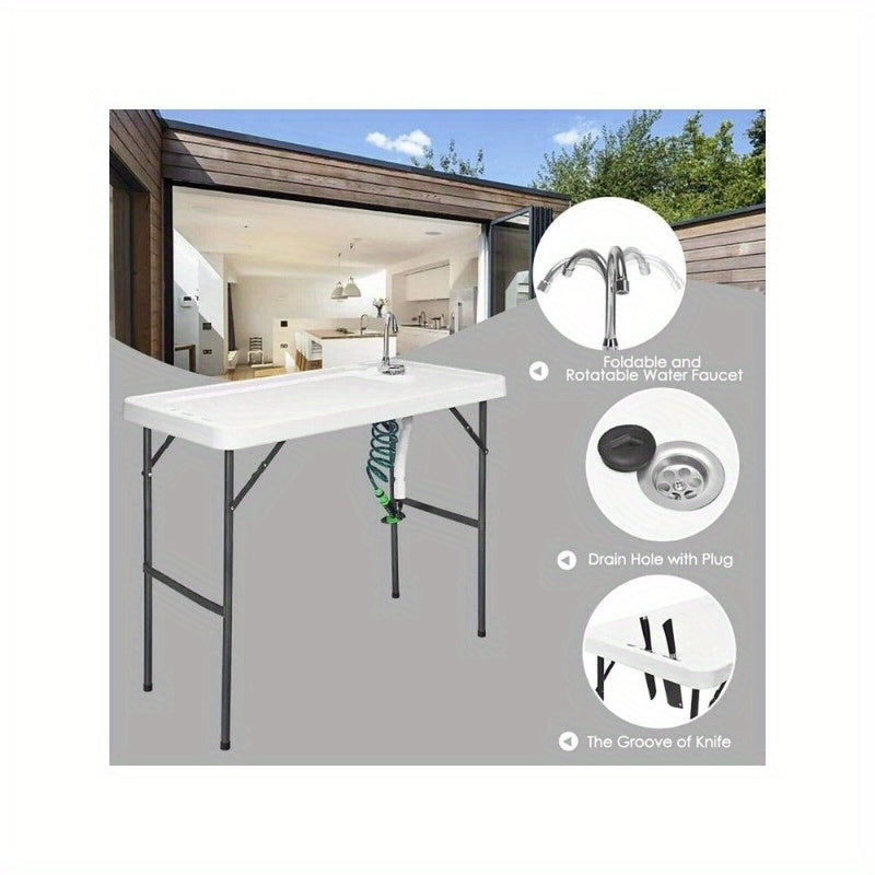 White Folding Cleaning Sink Faucet Cutting Camping Table with Sprayer