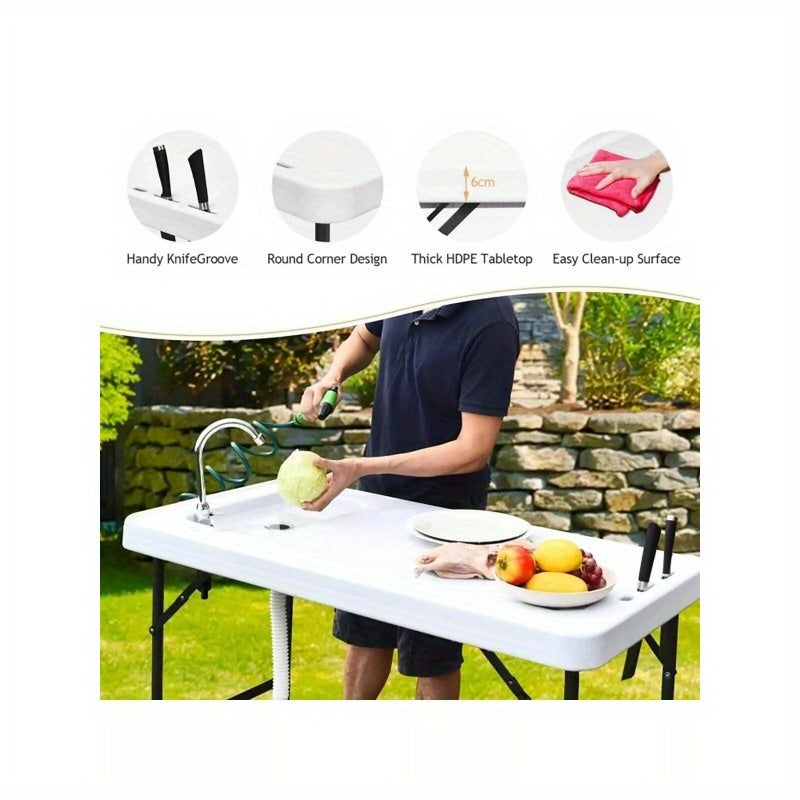 White Folding Cleaning Sink Faucet Cutting Camping Table with Sprayer