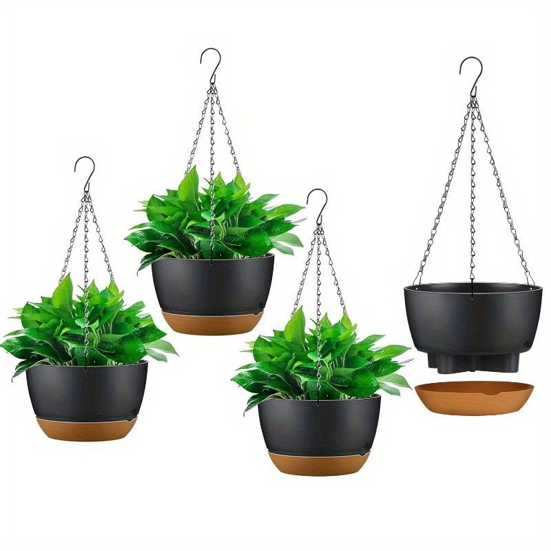 4Pcs 9.64in Hanging Planters with Drainage Holes & Removable Self-Watering Tray - Plastic Flower Pots for Indoor/Outdoor Herb, Ivy, Fern