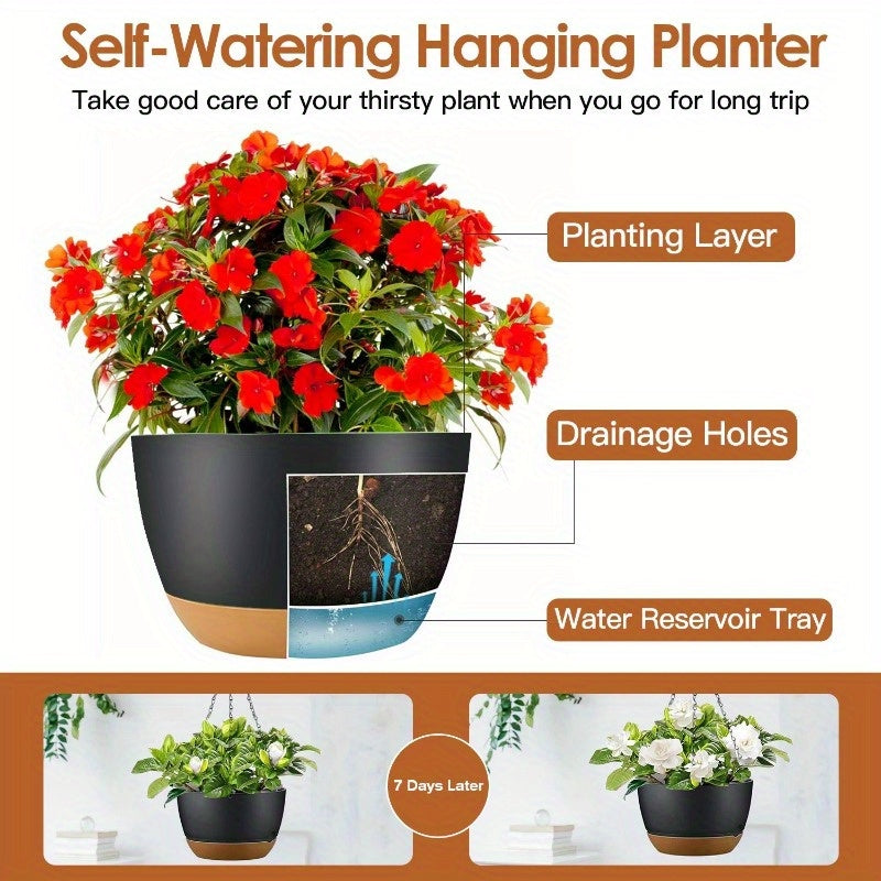 4Pcs 9.64in Hanging Planters with Drainage Holes & Removable Self-Watering Tray - Plastic Flower Pots for Indoor/Outdoor Herb, Ivy, Fern