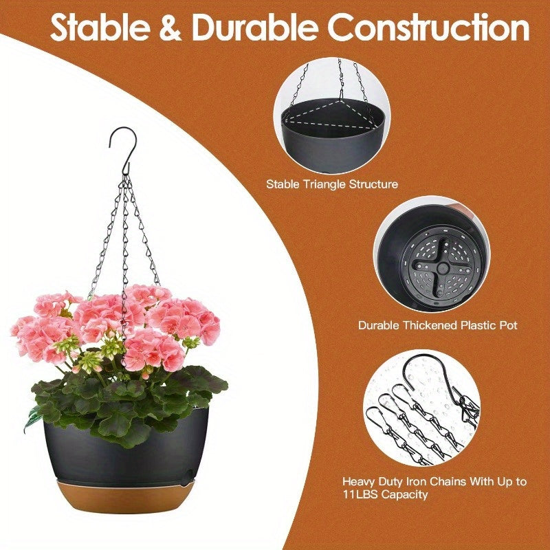 4Pcs 9.64in Hanging Planters with Drainage Holes & Removable Self-Watering Tray - Plastic Flower Pots for Indoor/Outdoor Herb, Ivy, Fern