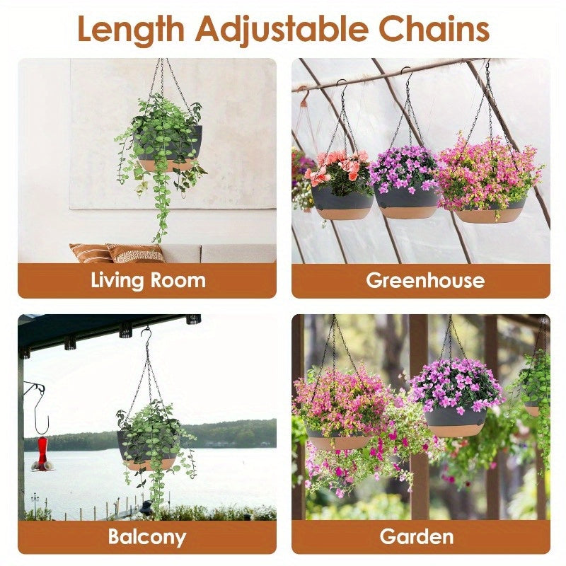 4Pcs 9.64in Hanging Planters with Drainage Holes & Removable Self-Watering Tray - Plastic Flower Pots for Indoor/Outdoor Herb, Ivy, Fern
